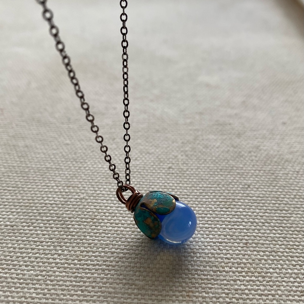 Verdigris Flower petal charm necklace, oxidized sterling silver chain